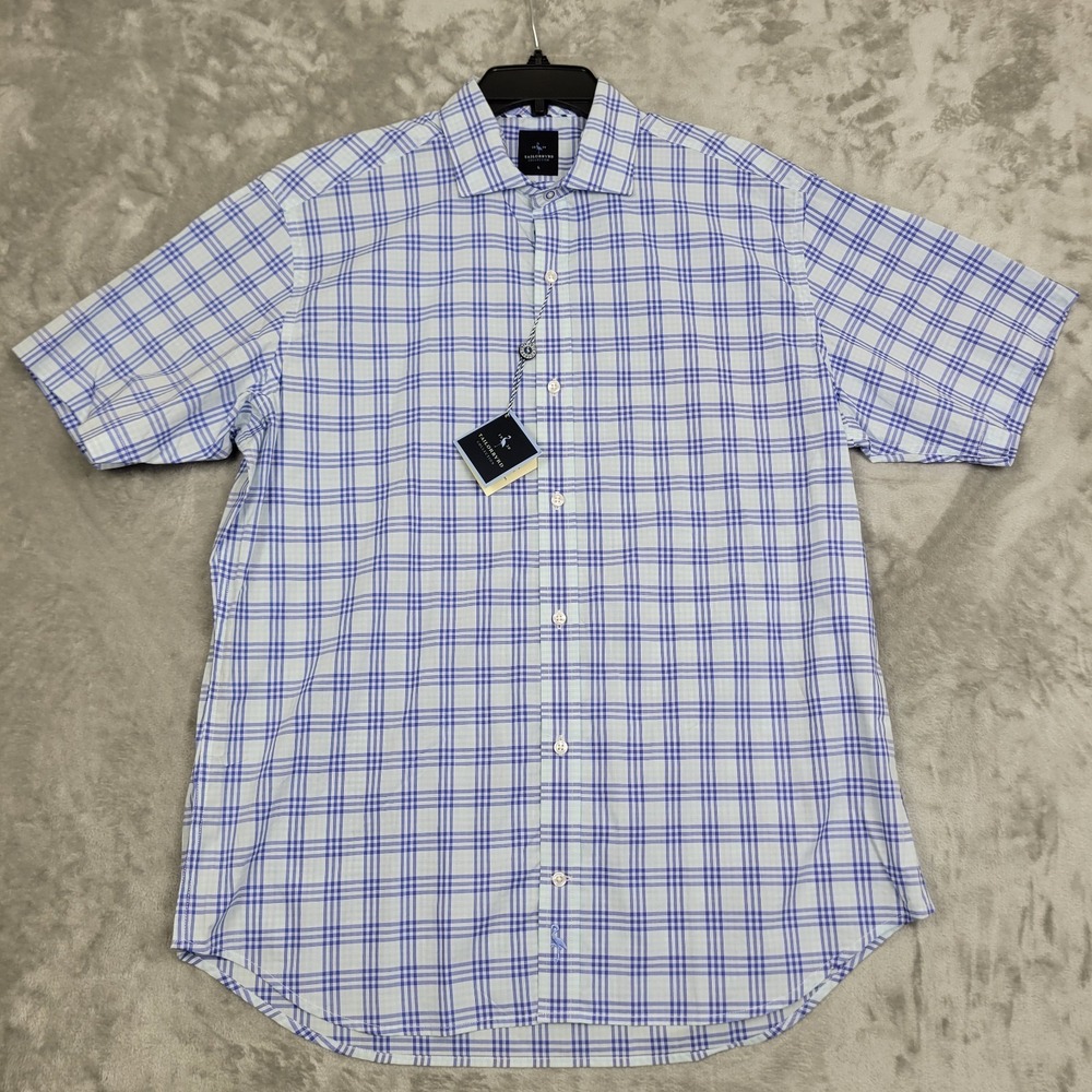 Tailorbyrd Collection Men's Plaid Short Sleeve Button‎ Up Shirt Blue Casual